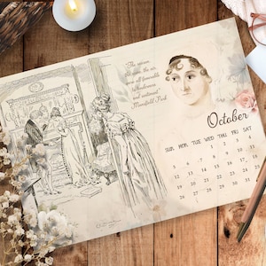 Puede incluir: Un calendario de estilo vintage con una ilustración en blanco y negro de personas en una habitación. El calendario es para octubre y tiene una cita de Mansfield Park: "La temporada, la escena, el aire eran todos favorables a la ternura y al sentimiento."