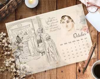 Jane Austen-kalender 2025. Engelska/spanska. Månadskalender. Digital nedladdning. Stolthet och fördom. Utskrivbar kalender. Jane Austen.