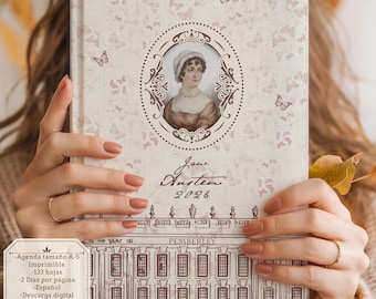 Jane Austen 2026 Planerare. Spansk. A5. Utskrivbar. PDF. Daterad. Två dagar per sida. Månads- och årskalendrar. Klistermärken. Digital nedladdning.