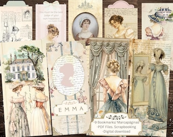Jane Austen-bokmärken. Emma. Utskrivbara bokmärken. Skräpjournal. Digital nedladdning. Jane Austen Ephemera. Skräpjournal-taggar. Regency.
