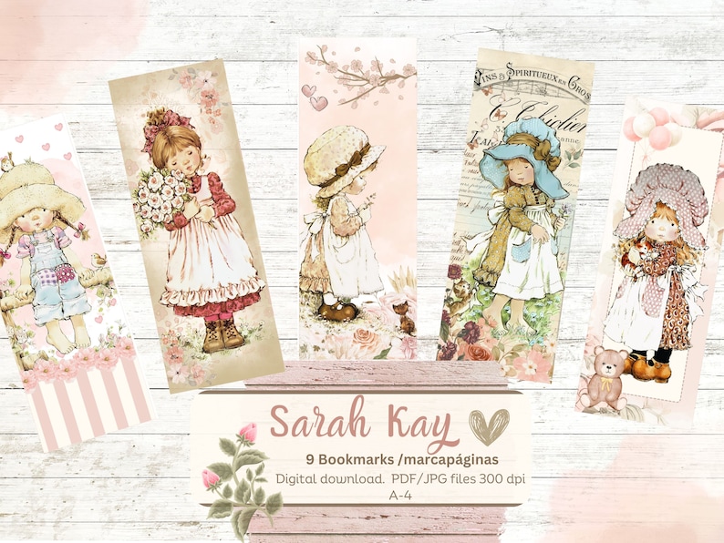 Sarah Kay bokmärken. 9 utskrivbara bokmärken. Vintage bokmärke. Cottage girls. Shabby chic. Direkt nedladdning. Vintage presenter. Bokälskare. bild 3