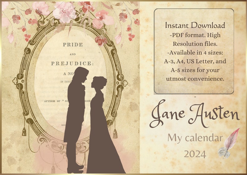 Jane Austen Calendar 2024. ENGLISH / ESPAÑOL. Printable. Digital