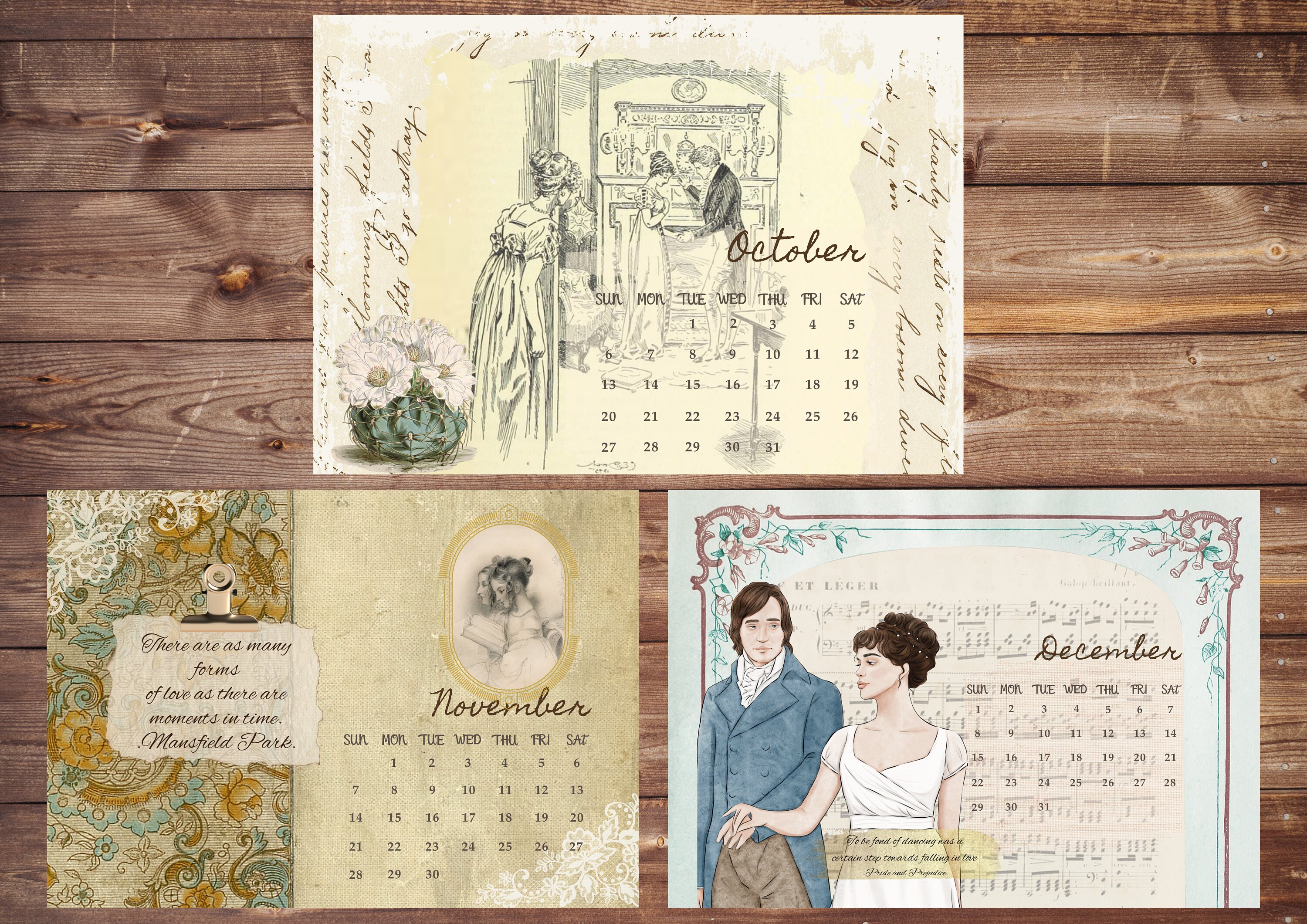Jane Austen Calendar 2024. Printable. Digital Download. Romantic. Shabby Chic. Memories