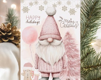 Rosa julkort med bedårande tomte, utskrivbar julhälsning, presentetiketter, direktnedladdning, nyckfull tomtedesign, digital jul