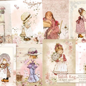 K&ouml;nnte beinhalten: Ein Set mit 14 digitalen Papieren mit Illustrationen von M&auml;dchen in verschiedenen Umgebungen. Die Papiere sind im Vintage-Stil mit den Farben Rosa, Wei&szlig; und Braun gestaltet. Die Papiere eignen sich perfekt zum Scrapbooking, Kartenbasteln und anderen Papierarbeiten.