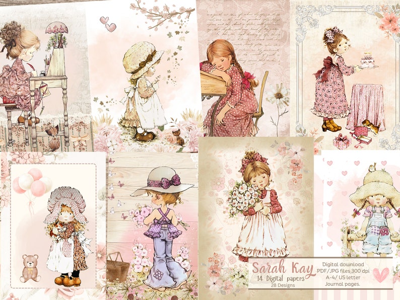 K&ouml;nnte beinhalten: Ein Set mit 14 digitalen Papieren mit Illustrationen von M&auml;dchen in verschiedenen Umgebungen. Die Papiere sind im Vintage-Stil mit den Farben Rosa, Wei&szlig; und Braun gestaltet. Die Papiere eignen sich perfekt zum Scrapbooking, Kartenbasteln und anderen Papierarbeiten.