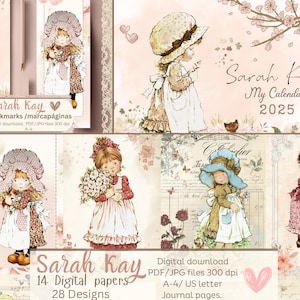 Pacchetto digitale Sarah Kay, Calendario Sarah Kay 2025| 9 Segnalibri | 14 Documenti digitali|  Diario spazzatura. Scrapbooking | Holly Hobbie. Ragazze del cottage