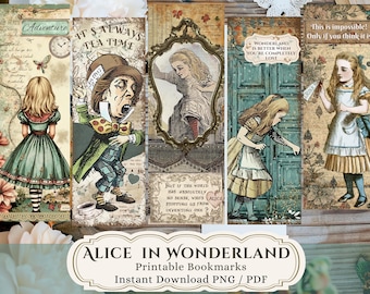 Alice i Underlandet, Bokmärken, Direktnedladdning, 5 PNG, Hattmakaren, Digitalt bokmärke, Alice scrapbooking, Alice utskrivbar, Bokälskare present