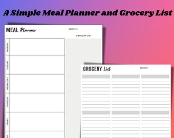 May include: A printable meal planner and grocery list template. The planner has a section for each day of the week and a space for the month. The grocery list has a space for the month and a list of items to buy.