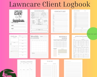 Lawncare-klantlogboek, landschapswerkorder, afdrukbare PDF, wekelijkse maandelijkse planner, direct downloaden, klantinformatie, afsprakenlogboek