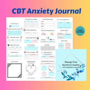CBT Anxiety Journal Printable, CBT Workbook, Cognitive Behavioral Therapy, Manage Worries Workbook, Anxiety Workbook, Instant Download