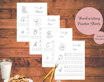 May include: Four printable handwriting practice sheets for the letters A, B, C, and D. Each sheet features a cute animal illustration and the phrase "A is for Alligator", "B is for Bear", "C is for Cat", and "D is for Dog".
