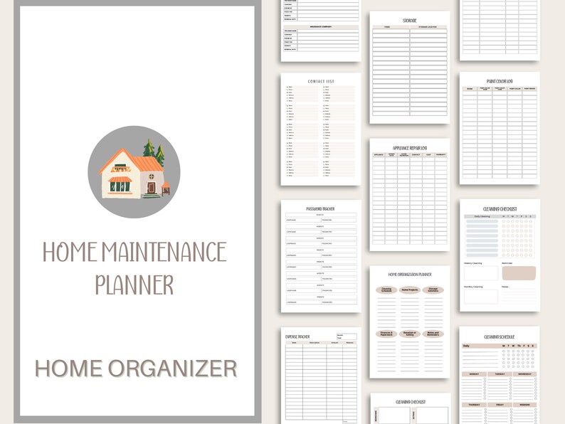 May include: A printable home maintenance planner with a cute house illustration. The planner includes sections for appliance repair, expense tracker, and more.