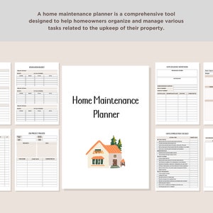 May include: A printable home maintenance planner with a checklist for organizing and managing tasks related to the upkeep of a property. The planner includes sections for warranties, renovation budgets, home project trackers, and more. The planner features a cartoon illustration of a house with a red roof and green trees.