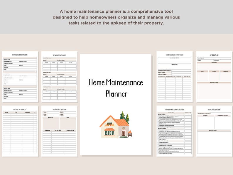 May include: A printable home maintenance planner with a checklist for organizing and managing tasks related to the upkeep of a property. The planner includes sections for warranties, renovation budgets, home project trackers, and more. The planner features a cartoon illustration of a house with a red roof and green trees.