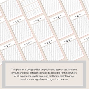 May include: A printable home maintenance planner with a monthly calendar for each month of the year. The planner is designed for simplicity and ease of use.  The text on the planner reads: "Home Maintenance Planner".