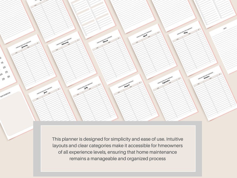 May include: A printable home maintenance planner with a monthly calendar for each month of the year. The planner is designed for simplicity and ease of use.  The text on the planner reads: "Home Maintenance Planner".