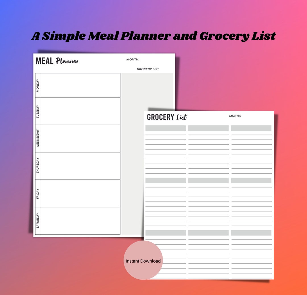 Grocery Meal List Printable, Simple, Minimalist, Grocery Planner, Food Shopping List, Instant ...
