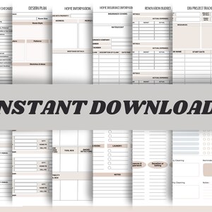 May include: A printable home improvement checklist and planner with sections for design plans, home information, insurance information, renovation budget, and DIY project tracker. The checklist is in black and white with a light gray background.