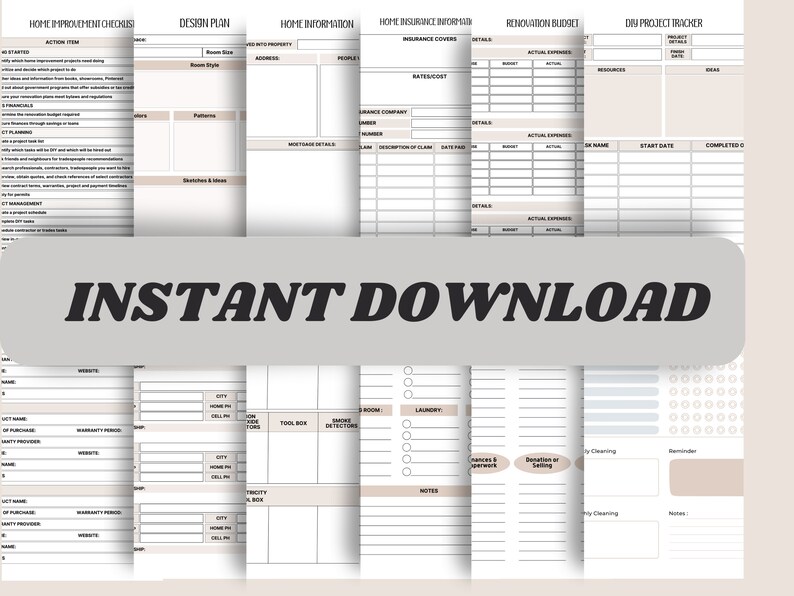 May include: A printable home improvement checklist and planner with sections for design plans, home information, insurance information, renovation budget, and DIY project tracker. The checklist is in black and white with a light gray background.