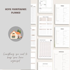 May include: A printable home maintenance planner with a cartoon house illustration. The planner includes sections for weekly cleaning routines, daily cleaning checklists, project planning, and a monthly recipe tracker. The text "Everything you need to keep your home organized" is included.