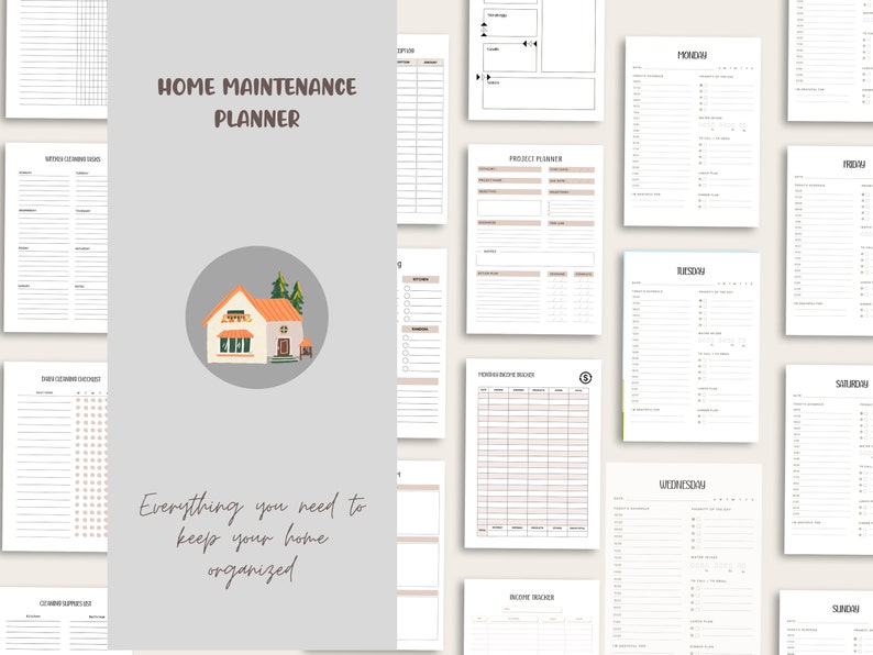 May include: A printable home maintenance planner with a cartoon house illustration. The planner includes sections for weekly cleaning routines, daily cleaning checklists, project planning, and a monthly recipe tracker. The text "Everything you need to keep your home organized" is included.