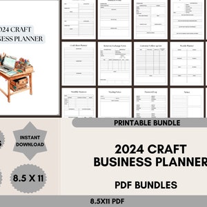 May include: A printable 2024 Craft Business Planner bundle with 80 pages. The planner includes sections for craft show planning, returns and exchanges, customer follow-up, weekly planning, monthly finances, meeting notes, planning, sales, and investment tracking. The planner is available as an instant download in PDF format and is 8.5 x 11 inches.
