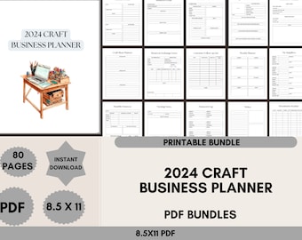 May include: A printable 2024 Craft Business Planner bundle with 80 pages. The planner includes sections for craft show planning, returns and exchanges, customer follow-up, weekly planning, monthly finances, meeting notes, planning, sales, and investment tracking. The planner is available as an instant download in PDF format and is 8.5 x 11 inches.