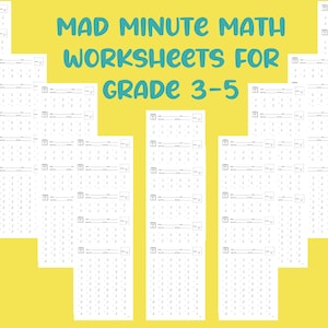 Puede incluir: Un conjunto de 115 hojas de trabajo de matemáticas imprimibles para los grados 3-5. Las hojas de trabajo se titulan "Mad Minute Math Worksheets for Grade 3-5".