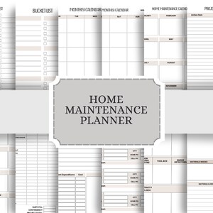 May include: A printable home maintenance planner with sections for to-do lists, bucket lists, monthly calendars, home maintenance calendars, and project to-do lists. The planner includes sections for tracking expenses, materials used, and tool box inventory.