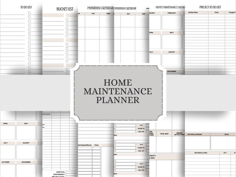 May include: A printable home maintenance planner with sections for to-do lists, bucket lists, monthly calendars, home maintenance calendars, and project to-do lists. The planner includes sections for tracking expenses, materials used, and tool box inventory.