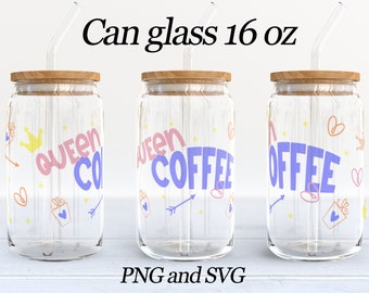 Queen Coffee 16 oz Can glass tumbler wrap Coffee Libbey Glass Can Svg Coffee Lover tumbler sublimation design PNG SVG Files download