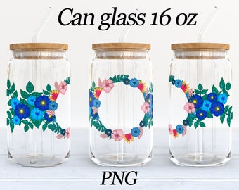 Blue frame Flower Personalized Glass Can Wrap PNG Iced Coffee Glass Can 16oz Tumbler Sublimation Glass Can Coffee Glass Cup Can Shaped Glass