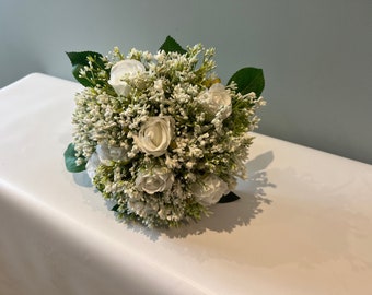 Ivory / White Rose And Gypsophila Bouquet - Artificial Silk Flowers For Wedding Anniversary Birthday | Claire De Fleurs