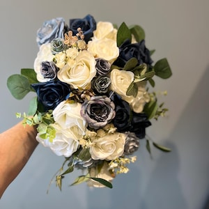 Navy, Light Blue and Ivory Wedding Flowers Bridal Bouquet - Claire De Fleurs