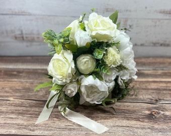 Handmade Artificial rose Wedding Bouquet Ivory Rose And Green - Artificial Silk Flowers For Anniversary Birthday | Claire De Fleurs