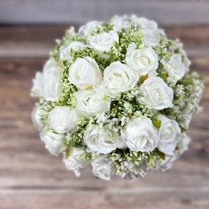 White Rose and Gypsophila Faux Bouquet Artificial Silk Flowers for ...