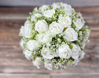 White Rose And Gypsophila Faux Bridal Bouquet - Artificial Silk Flowers For Wedding Anniversary Birthday | Claire De Fleurs