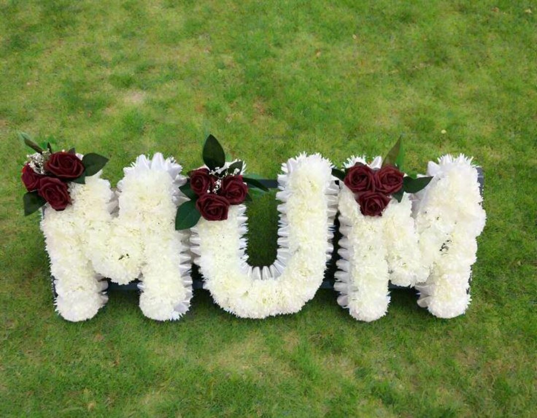 Mum Artificial Red and White Ivory Funeral Flower Letter Tribute