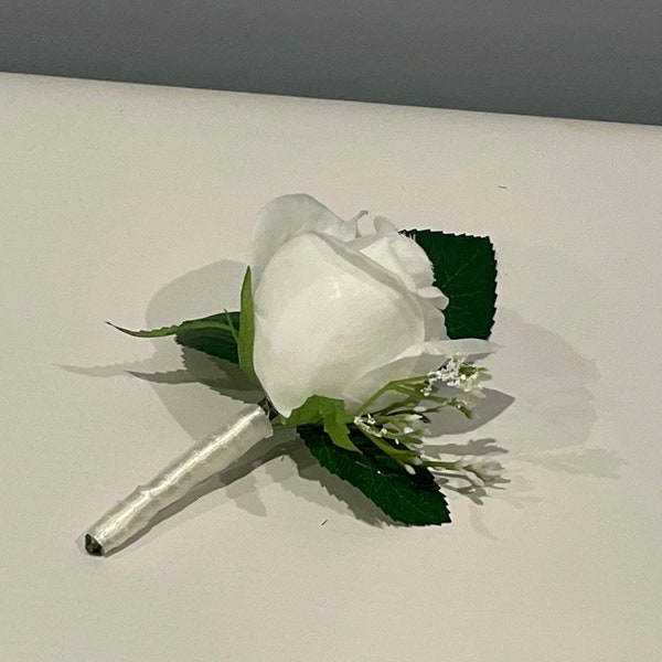 White Rose Boutonniere Buttonhole - Artificial Silk Flowers For Wedding | Claire De Fleurs