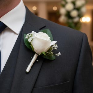 Boutonniere de rosa blanca – Boutonniere de boda de seda hecho a mano