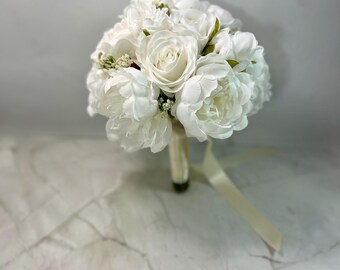 White Rose and Peony Bridal Artificial Bouquet - Artificial Silk Flowers | Claire De Fleurs