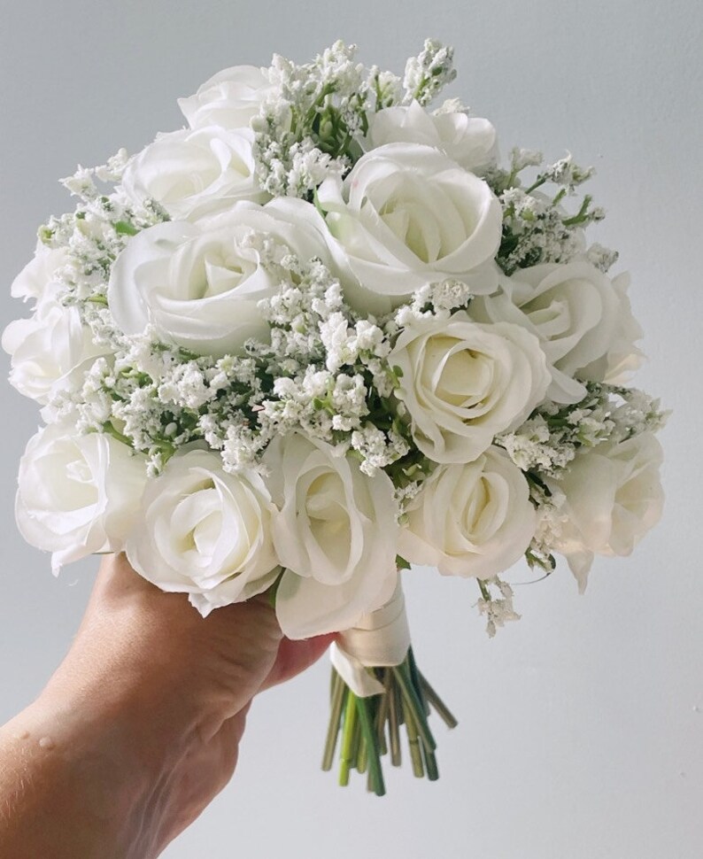 Ivory White Rose and Gypsophila Bouquet Artificial Silk Etsy UK