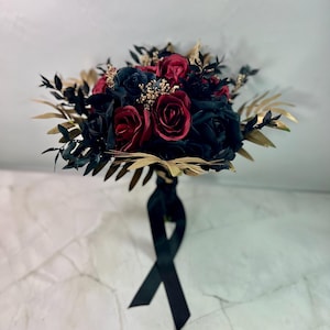 Red, Black & Gold Wedding Bouquet Set: Gothic Silk Flowers