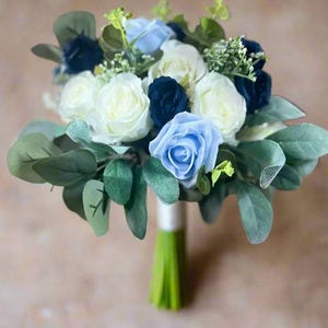 Navy And Dusty Blue Wedding Bouquet Navy Blue Bridal Flowers- Artificial Silk Flowers For Wedding Anniversary  | Claire De Fleurs