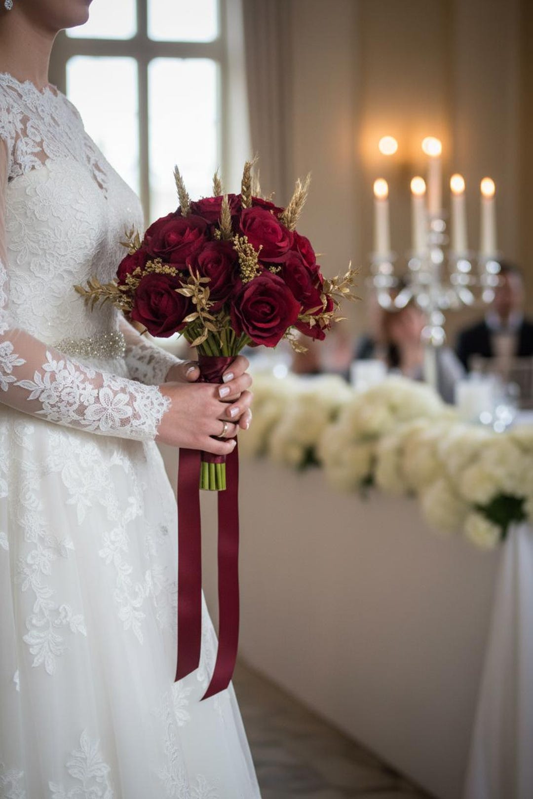 Red and Gold Wedding Bouquet: Artificial Silk Flower Bridal