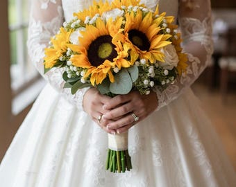 Kunst zonnebloem en gipskruid bruidsboeket - bruiloft aandenken bloemen