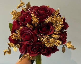 Dark Red And Gold Rose Bridal Bouquet Wedding Flowers- Artificial Silk Flowers For Winter Wedding | Claire De Fleurs