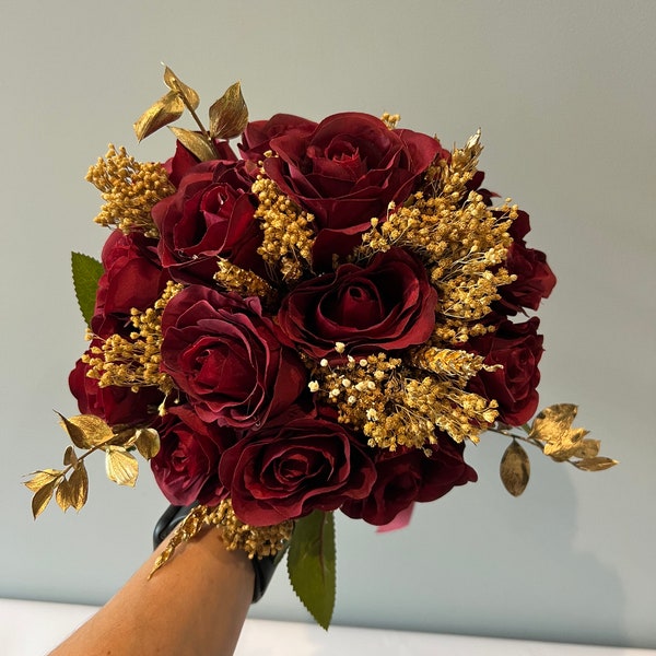 Dark Red And Gold Rose Bridal Bouquet Wedding Flowers- Artificial Silk Flowers For Winter Wedding | Claire De Fleurs