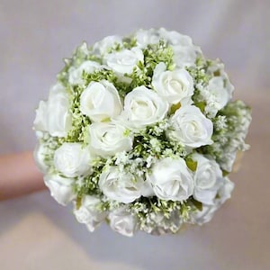 White Silk Rose Wedding Bouquet: Ivory Gypsophila, Anniversary Flowers